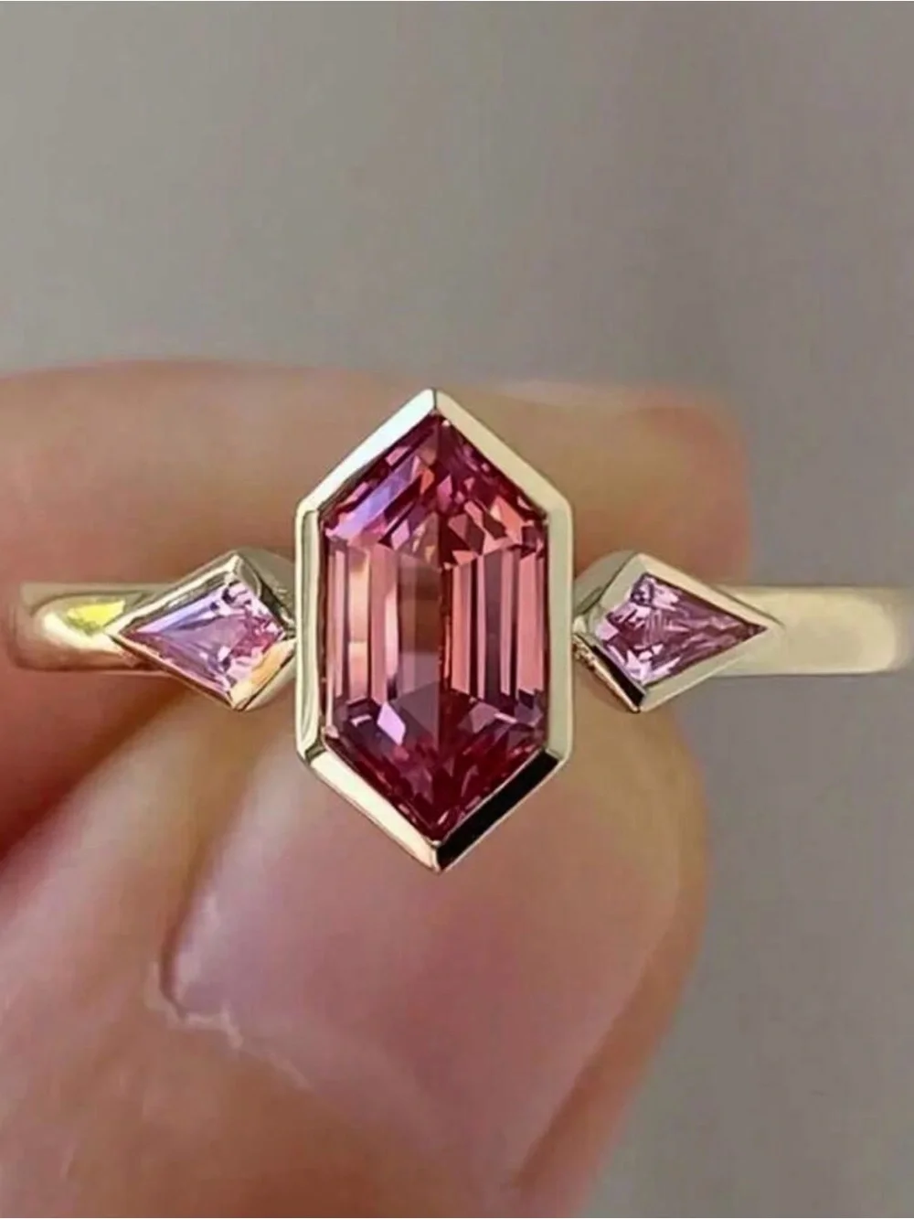 CZ Ring with Pink Hexagonal Center Stone and Pink Side Stones size 7